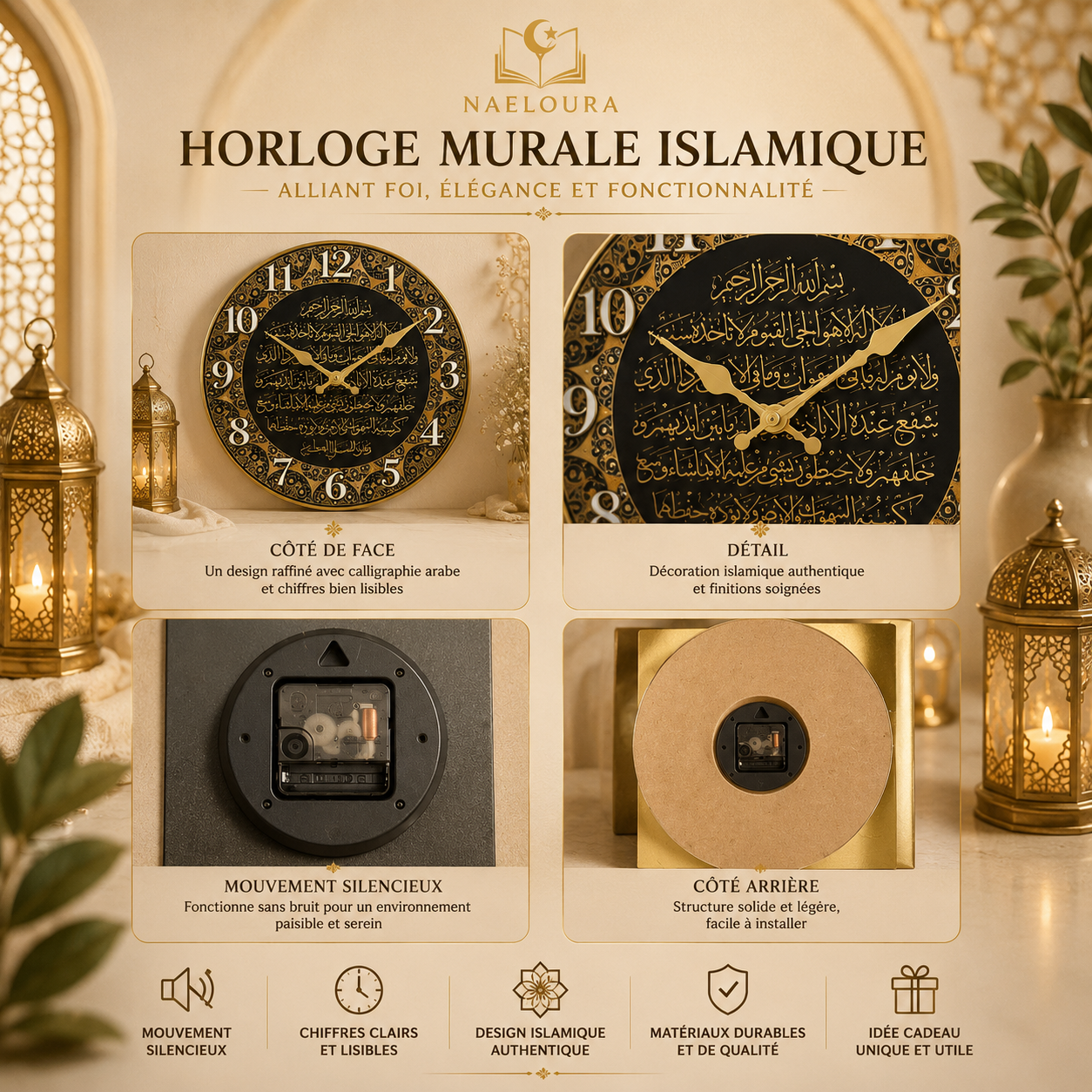 Horloge murale islamique en bois Naeloura — vue secondaire 2