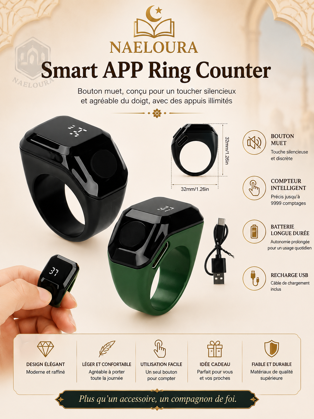 Bague connectée compteur de zikr Bluetooth Naeloura