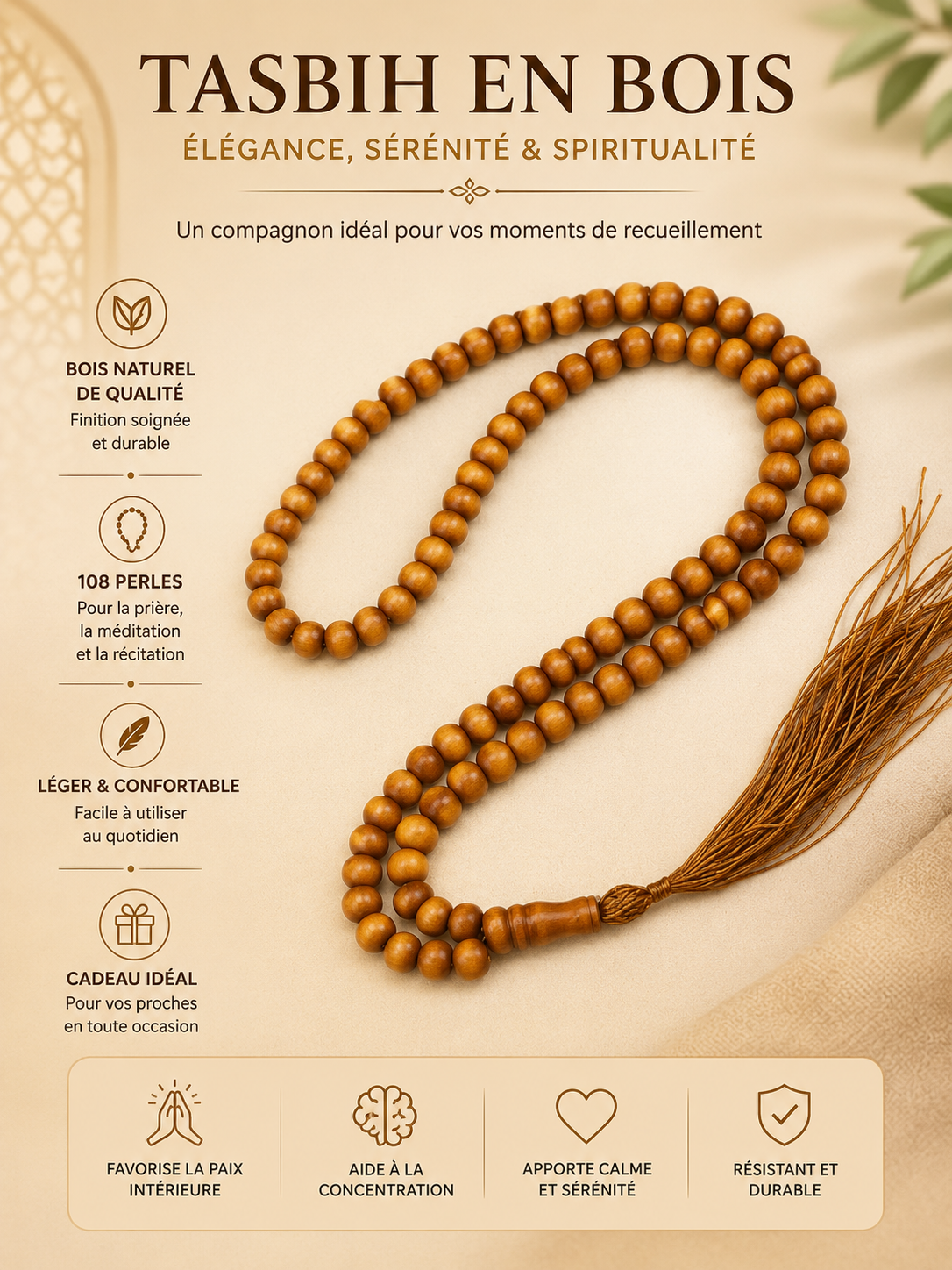 Tasbih en bois 33 ou 99 perles Naeloura — vue secondaire 2