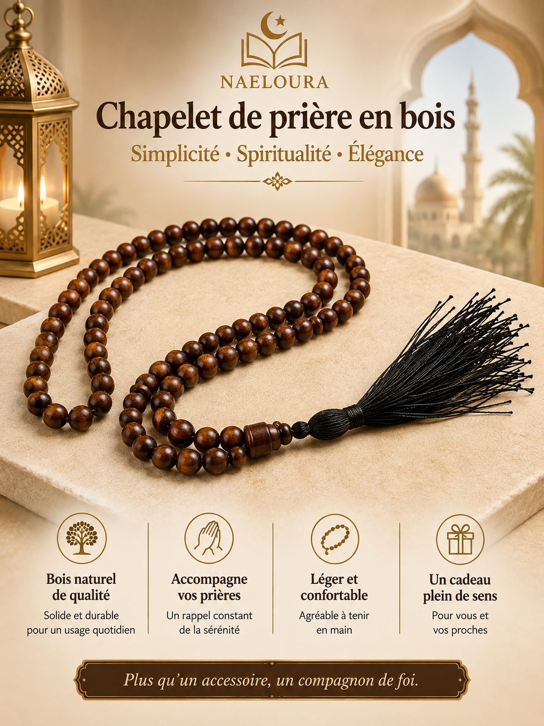 Tasbih en bois 33 ou 99 perles Naeloura — vue secondaire 4