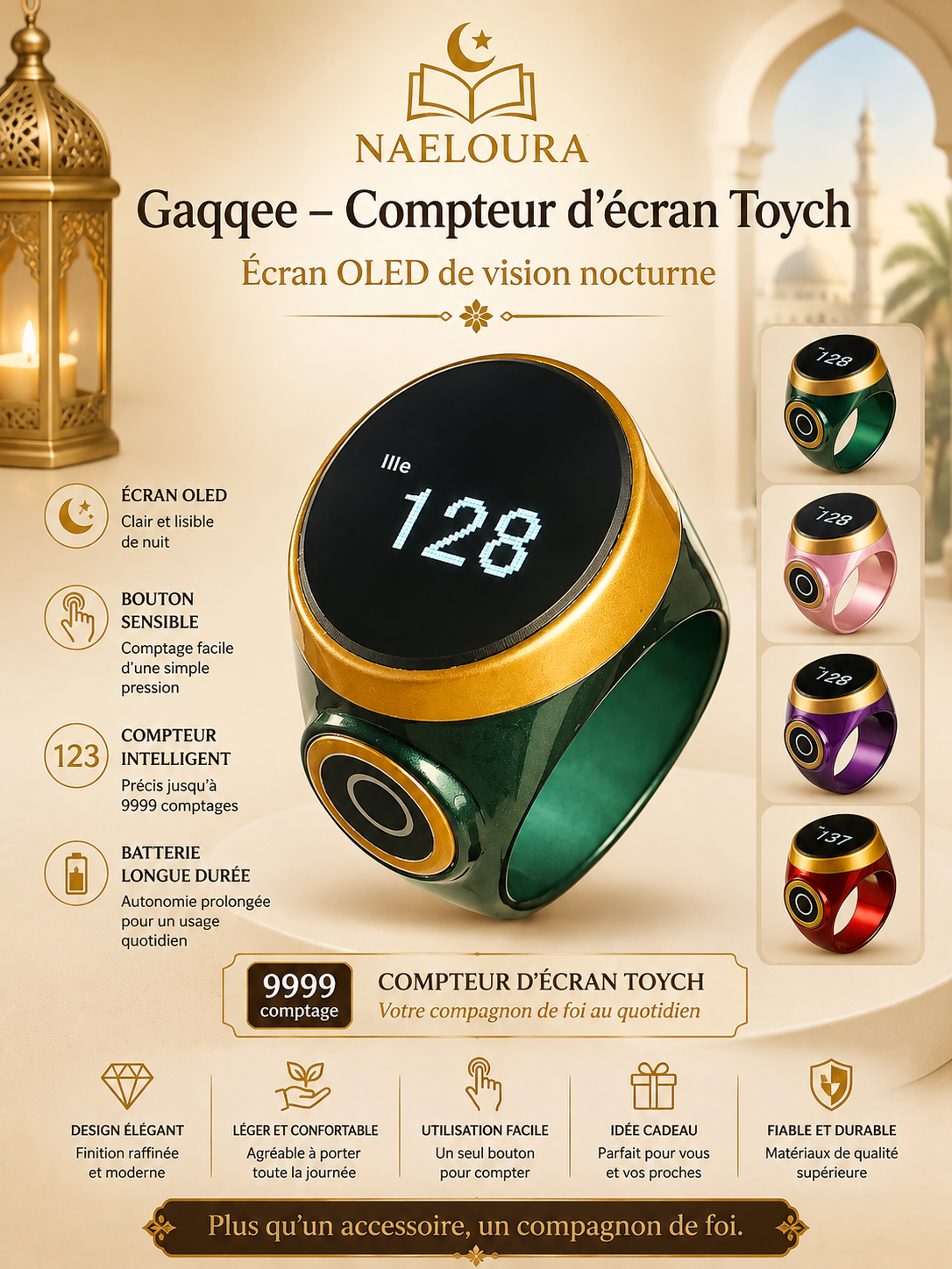 Bague tasbih tactile OLED compteur de zikr Naeloura — vue secondaire 2