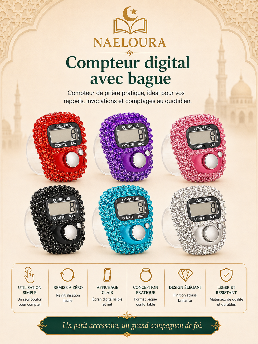 Compteur digital de tasbih à doigt LCD Naeloura