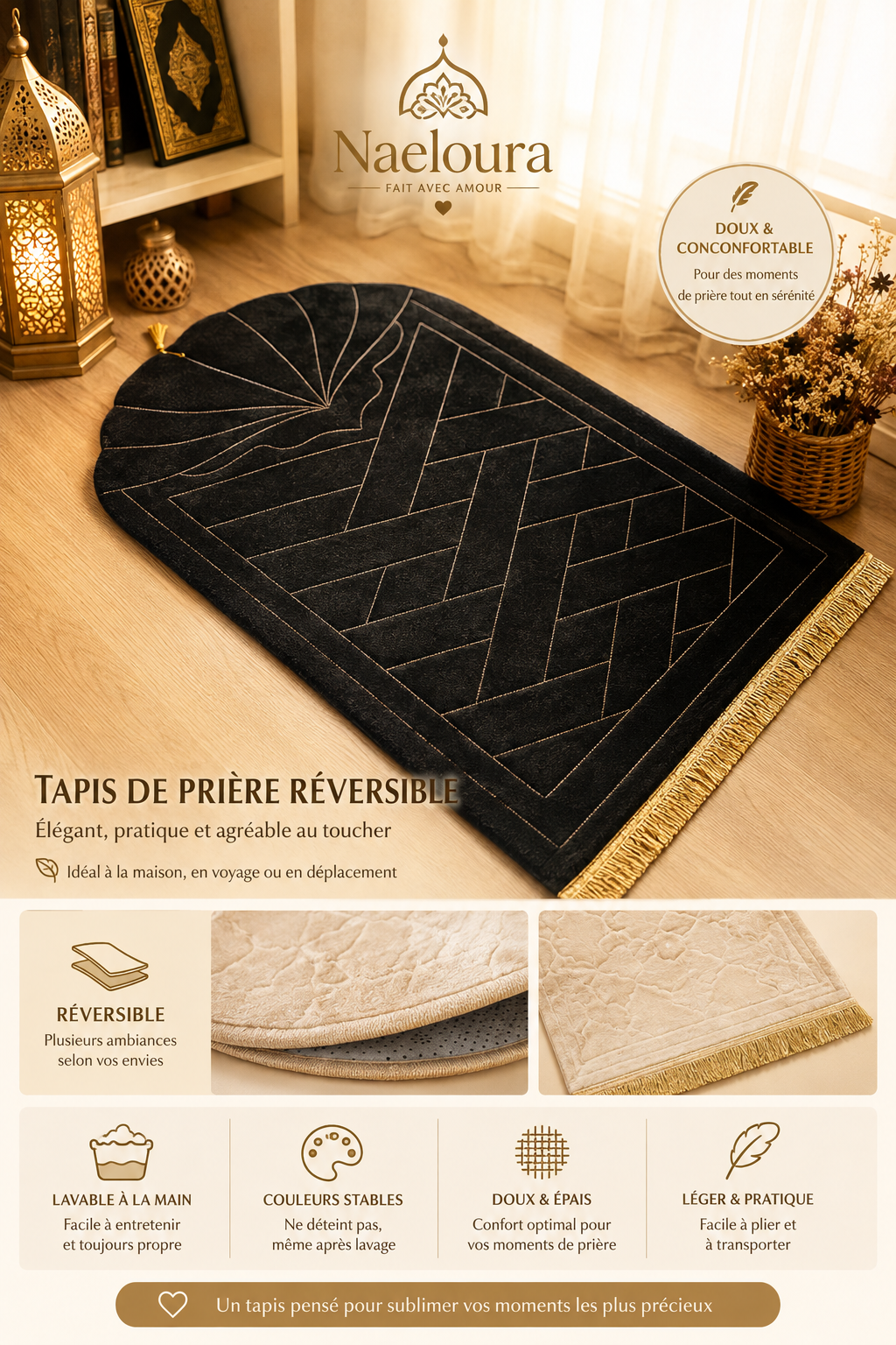Tapis de prière rembourré doux et élégant | Naeloura