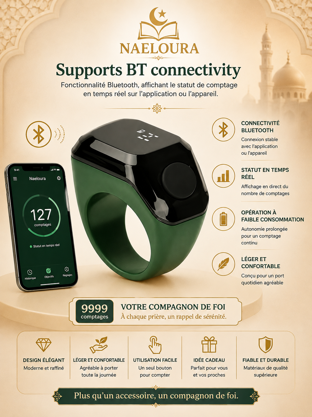 Bague connectée compteur de zikr Bluetooth Naeloura — vue secondaire 2
