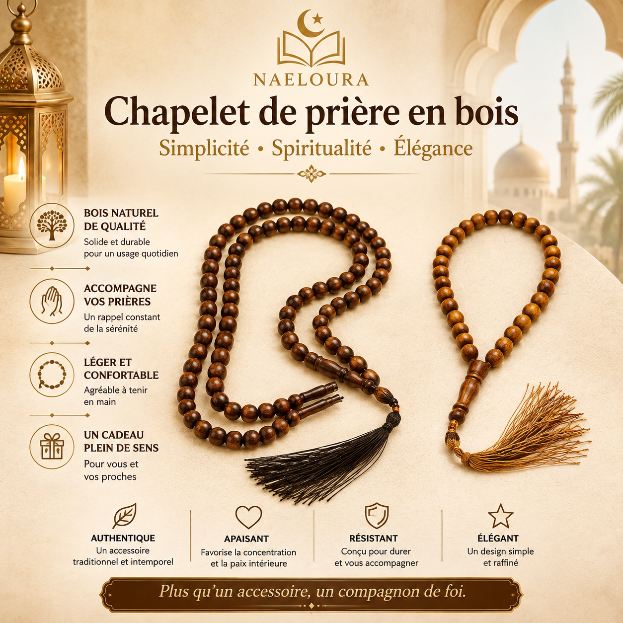 Tasbih en bois 33 ou 99 perles Naeloura — vue secondaire 3