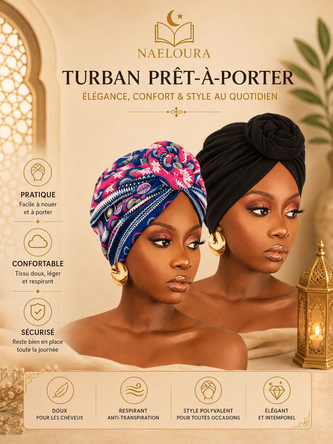 Lot de 2 bonnets turban imprimés Naeloura