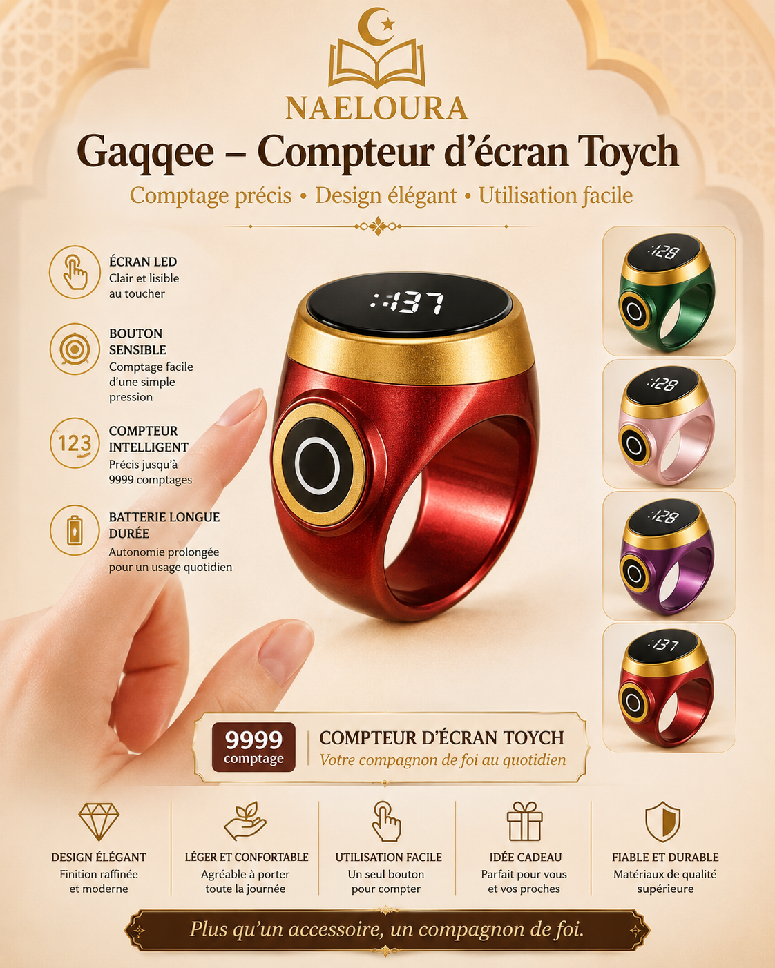 Bague tasbih tactile OLED Naeloura