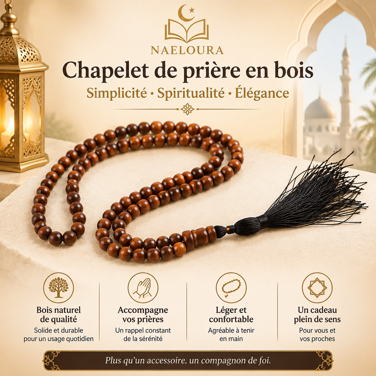 Tasbih en bois 33 ou 99 perles Naeloura