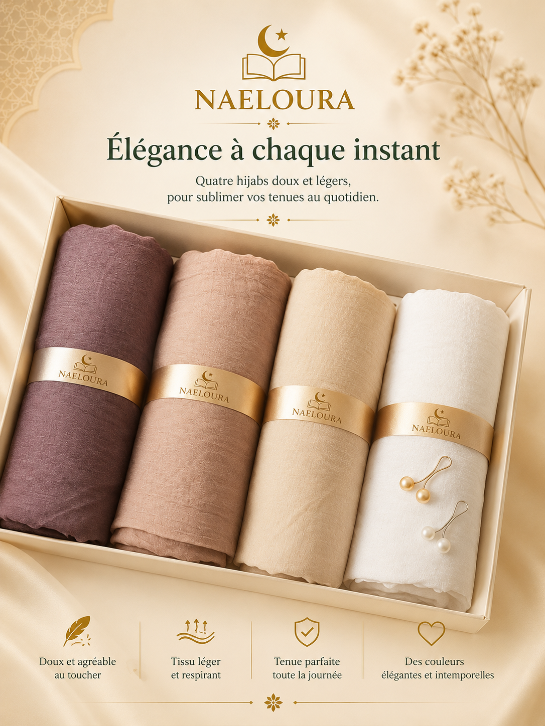 Lot de 4 hijabs en coton froissé Naeloura