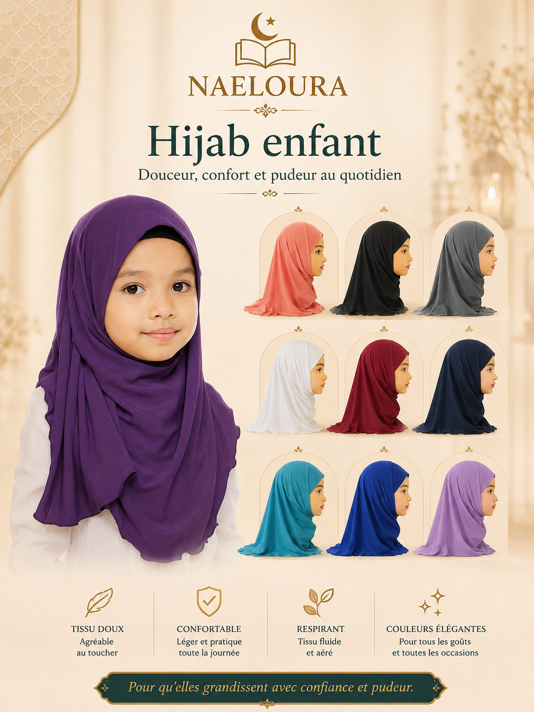Hijab enfant 50 cm pour fille Naeloura