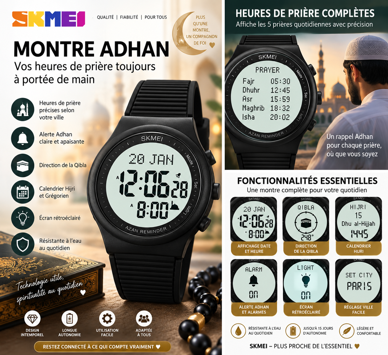 Montre Azan SKMEI avec Qibla et rappels de prière | Naeloura