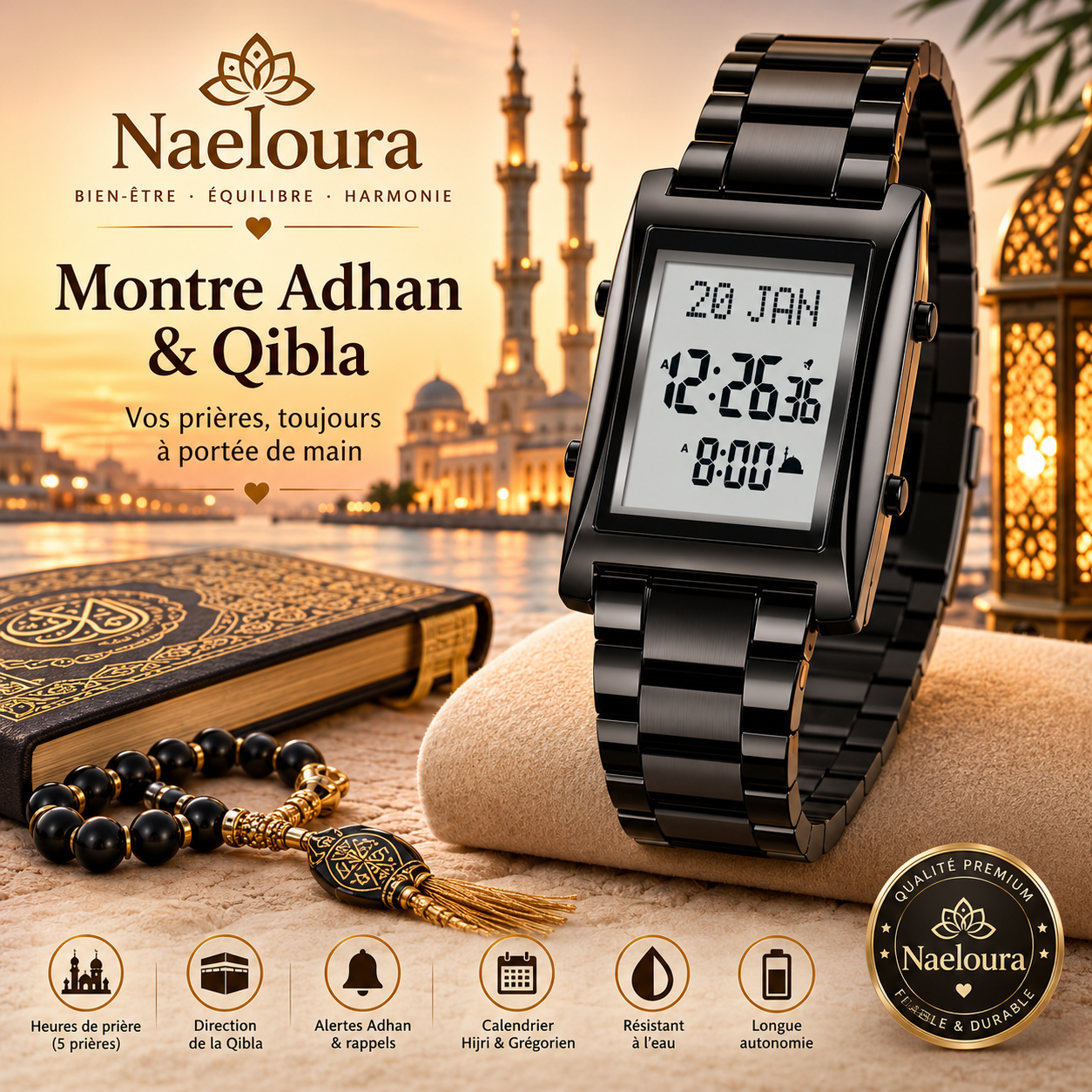 Montre Azan Premium avec Qibla et calendrier Hijri | Naeloura