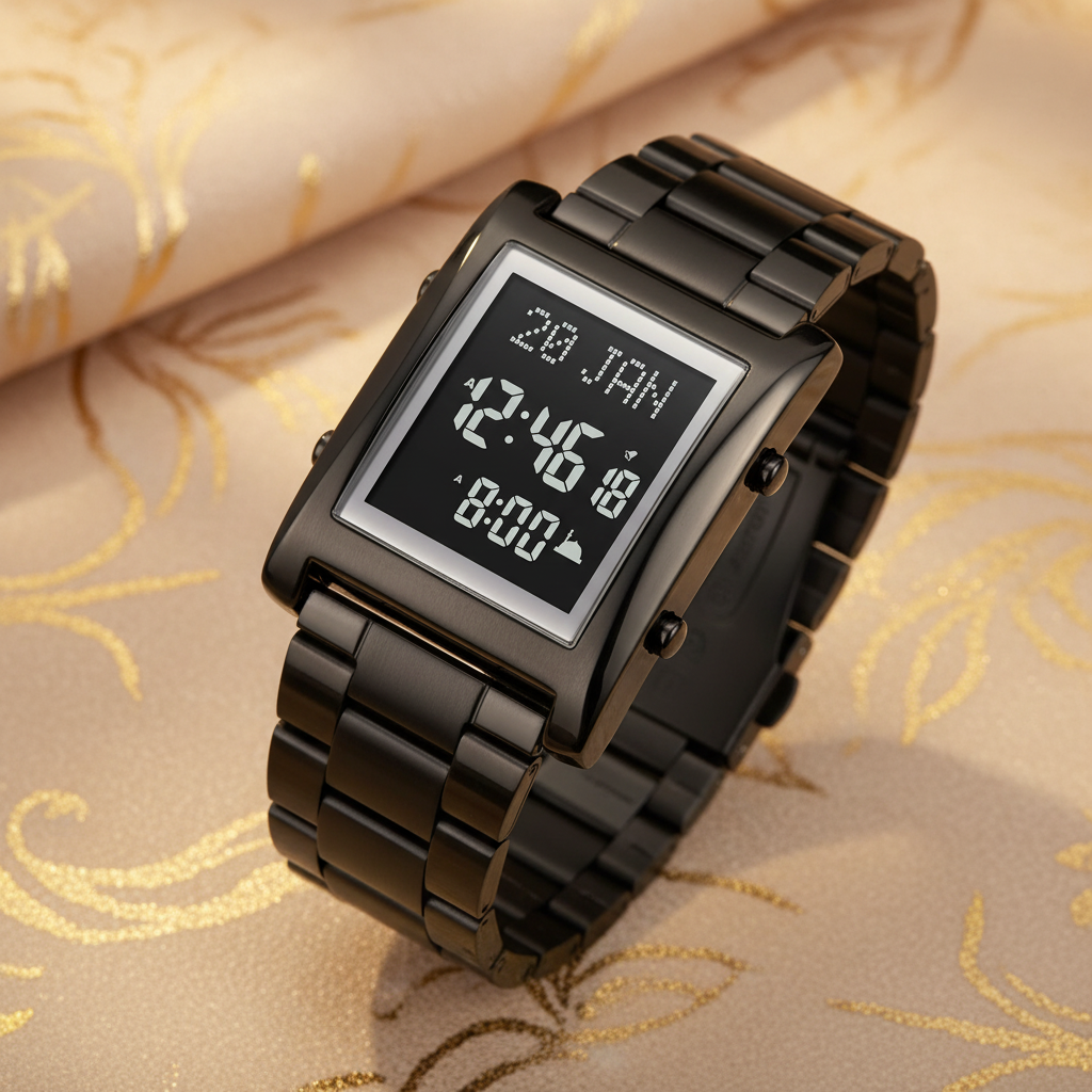 Montre noire backlight fond beige doré