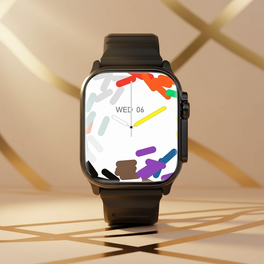 Montre noire confetti fond beige doré