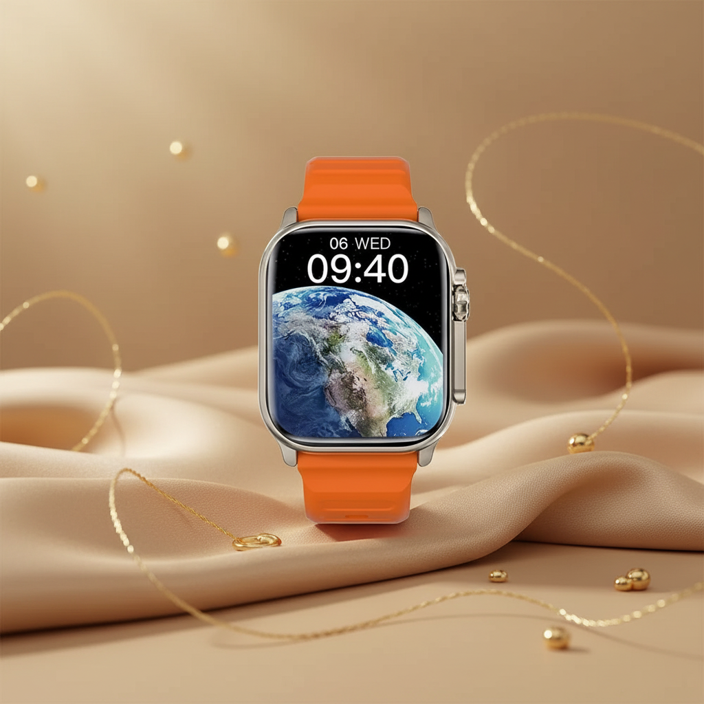 Montre orange silicone fond beige doré