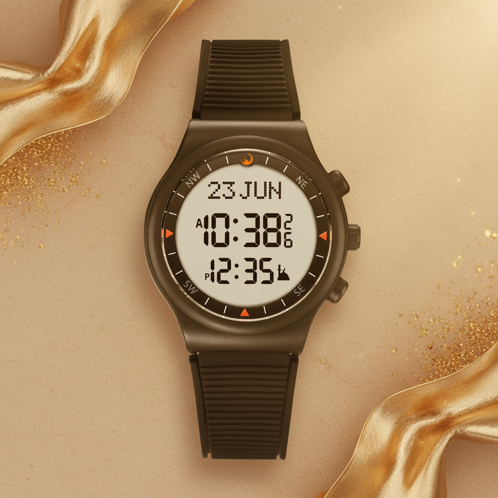 Montre prière écran blanc fond beige doré