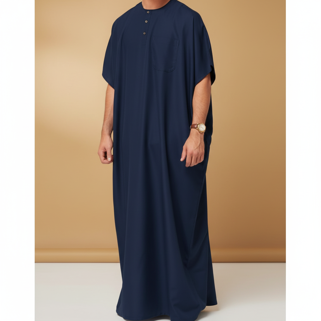 Qamis bleu marine fond beige doré