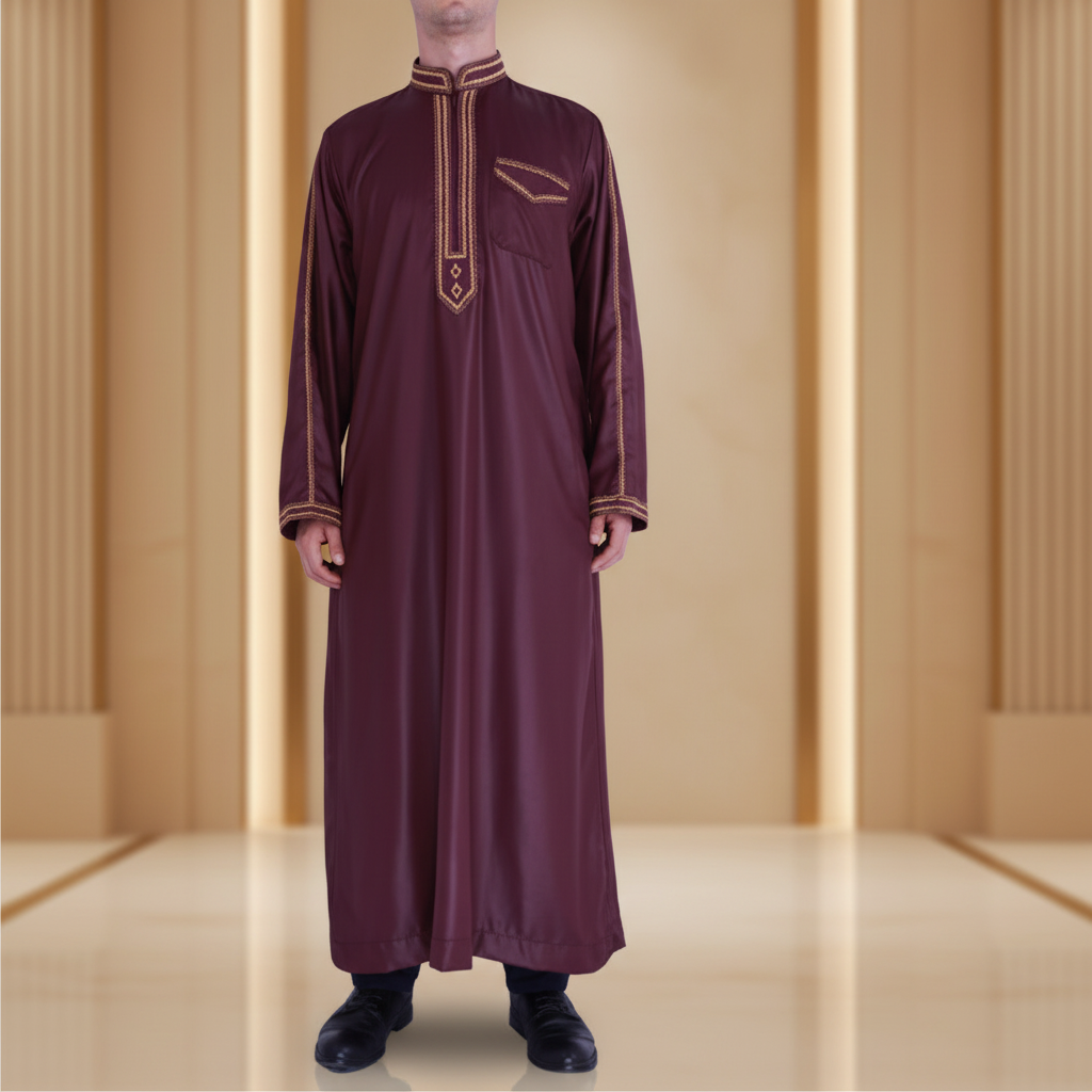 Qamis bordeaux fond beige doré