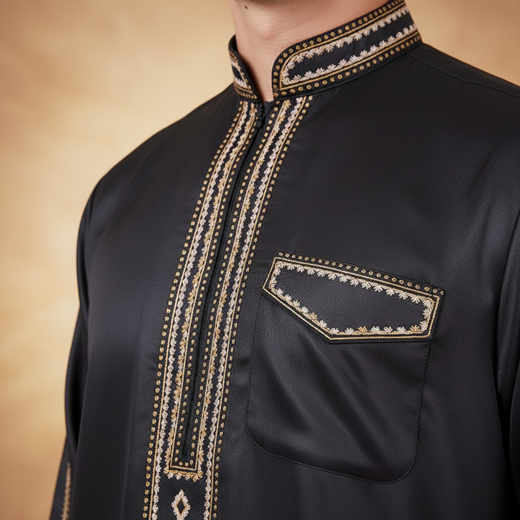 Qamis détail broderie fond beige doré