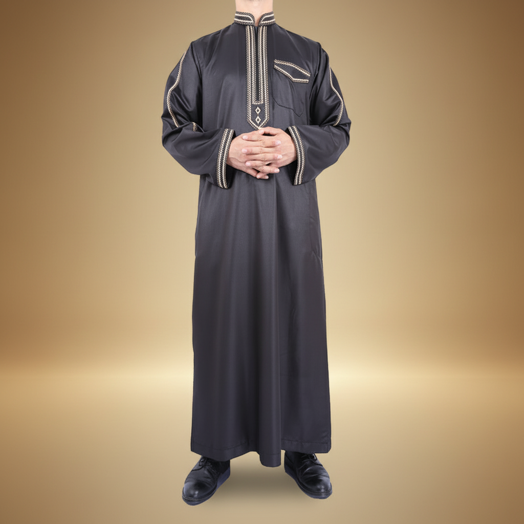 Qamis noir fond beige doré