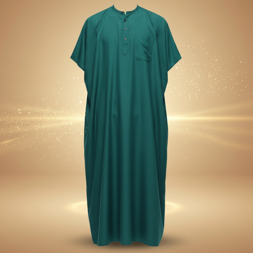 Qamis teal fond beige doré