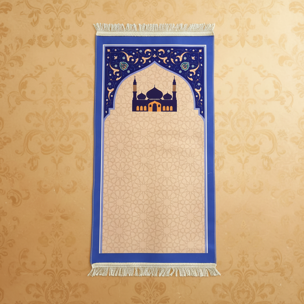 Tapis bleu arche dorée fond beige