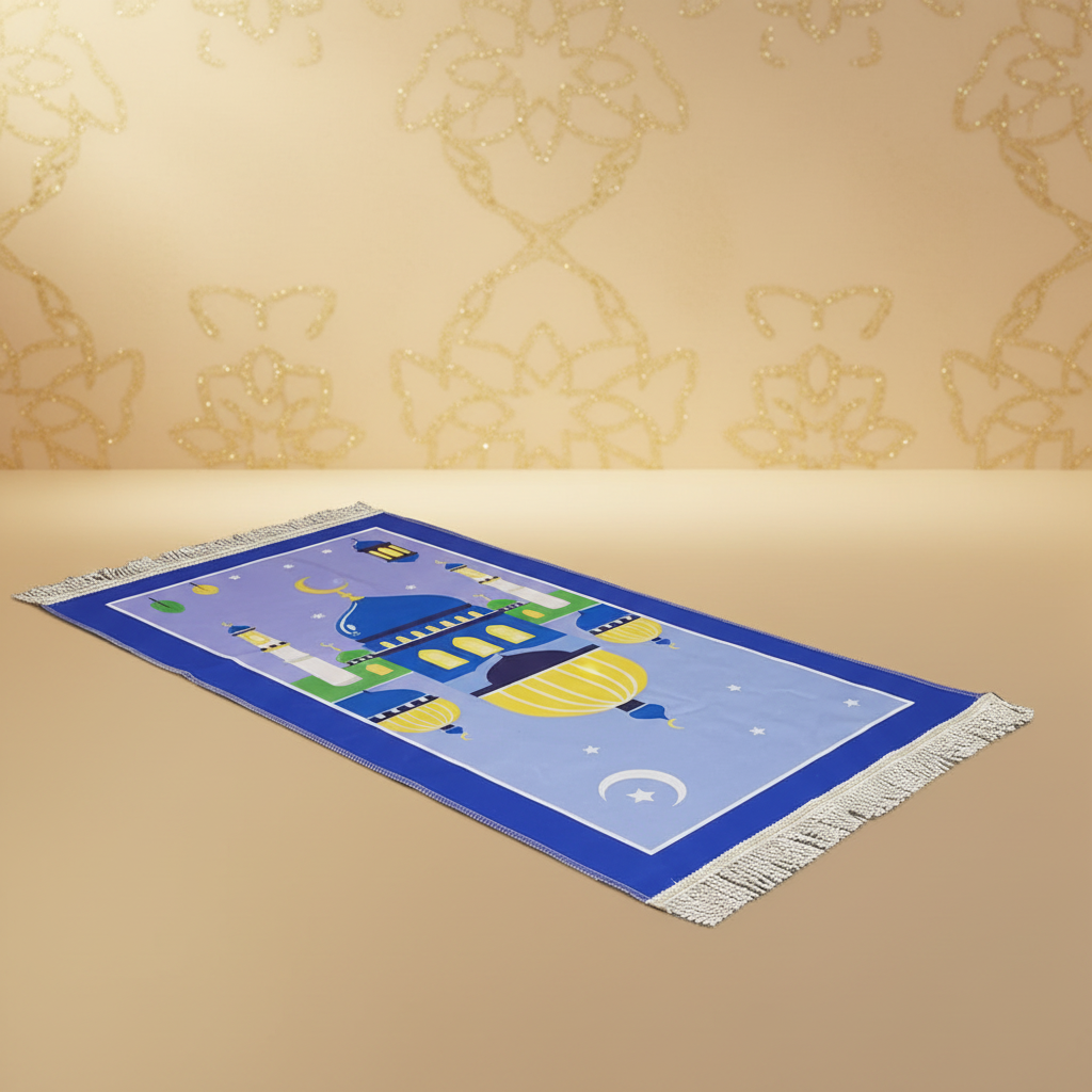 Tapis bleu fond beige doré
