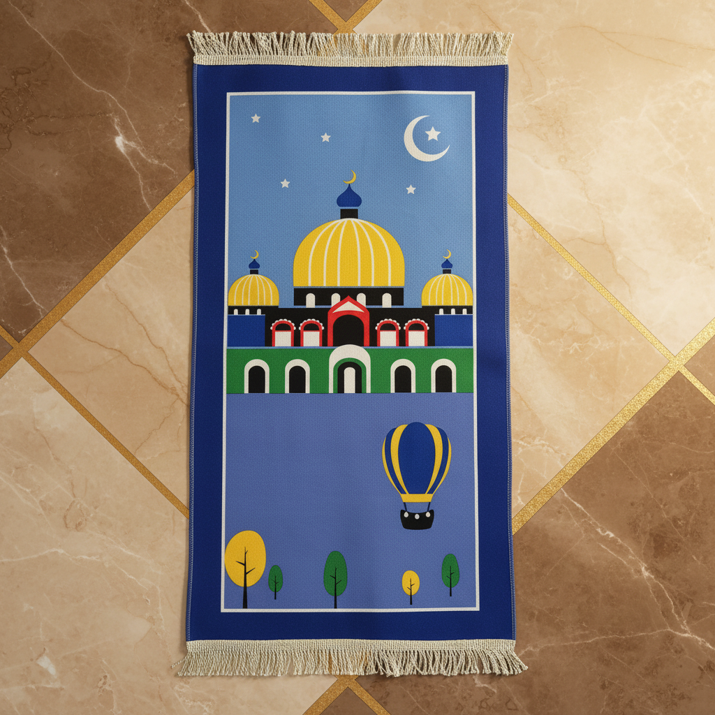 Tapis bleu fond beige doré