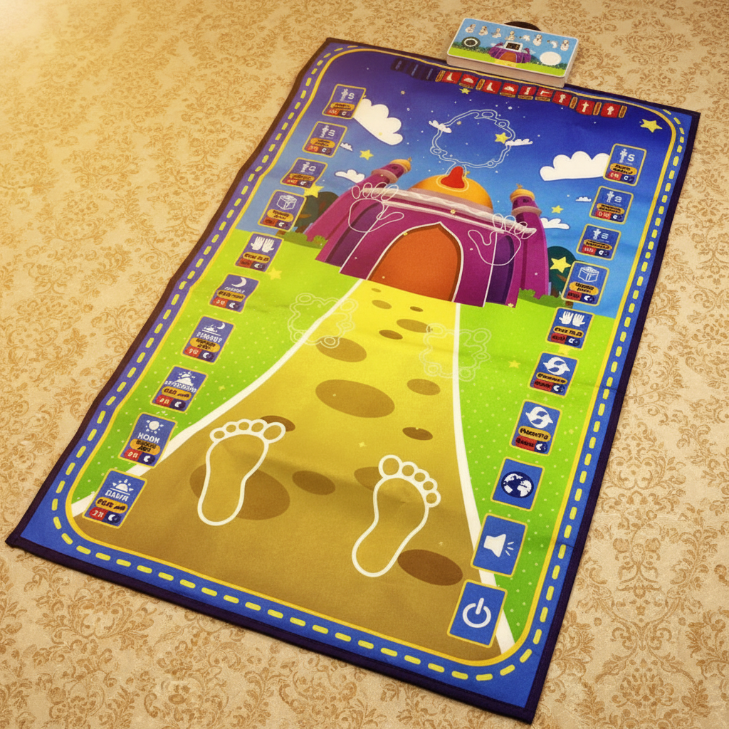Tapis bleu jaune fond beige doré