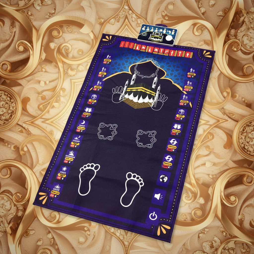 Tapis bleu marine Kaaba fond beige doré