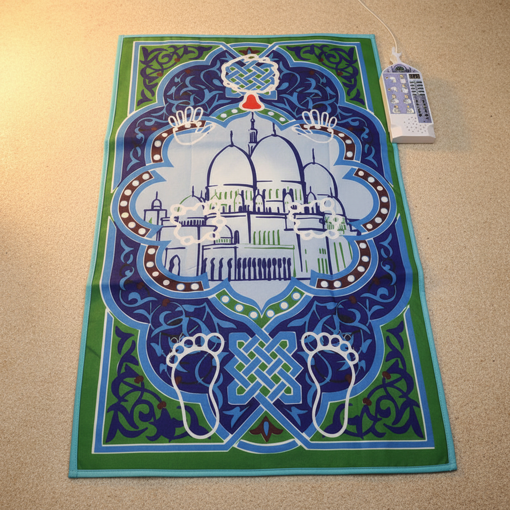 Tapis bleu vert fond beige doré