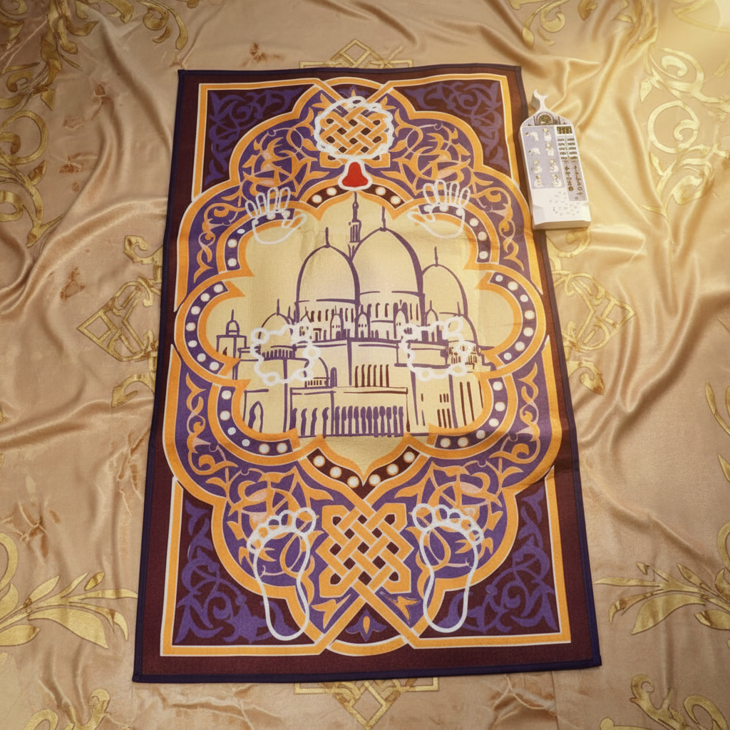 Tapis violet or arabesques fond beige doré
